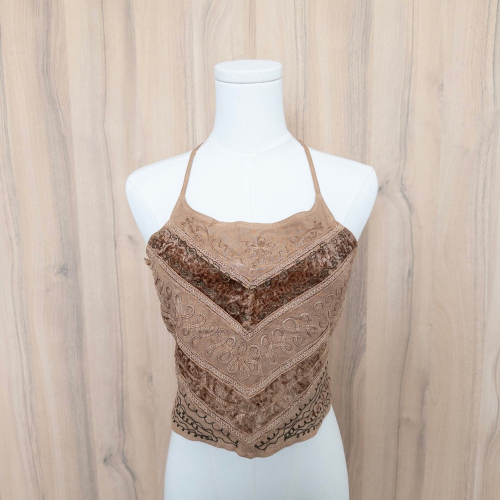 Lapogee Embroidered Halter Top One Size Brown Smocked Velvet Boho Fairy Festival